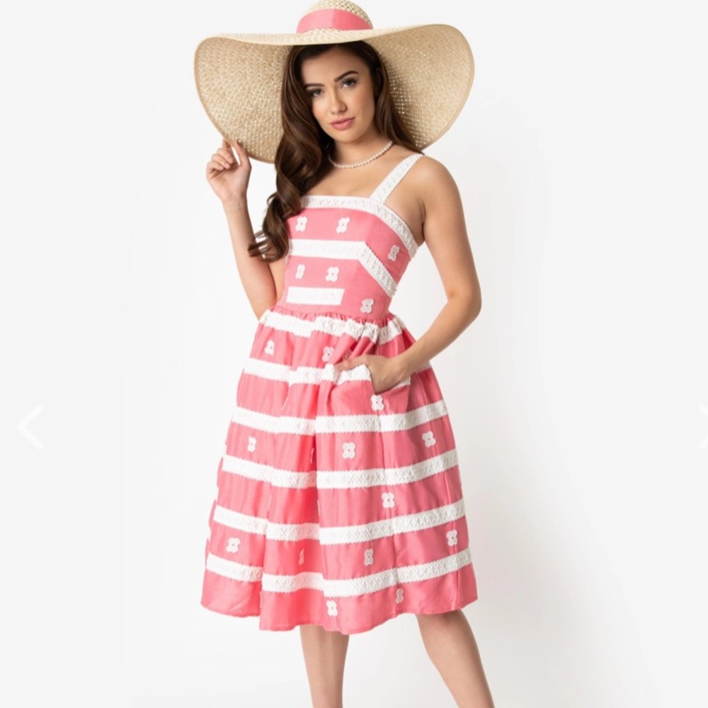 Barbie x Unique Vintage Rose Coral & White Busy Morning Sundress